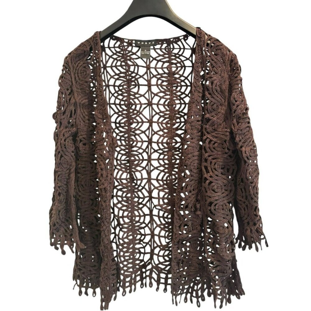 Weavz Brown Crochet Lace‎ Cardigan | Retro Boho Open Front Festival Fit M